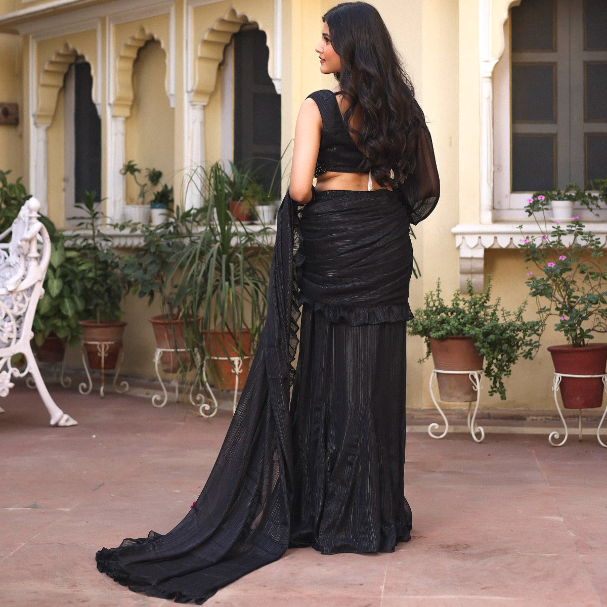 Black embellished drape saree gown – Kuro Clothing India